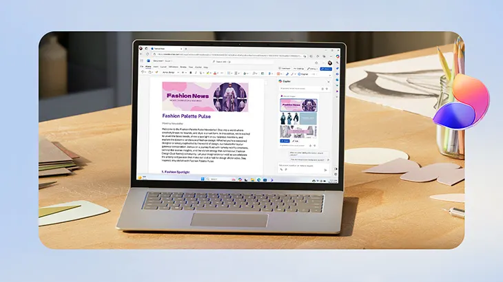 Ein Laptop steht auf einem Tisch und zeigt eine Webseite mit dem Titel "Fashion News". Daneben sind Stifte, Papier und Bürobedarf zu sehen.
