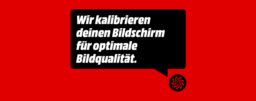 Rote Grafik mit Sprechblase: "Wir kalibrieren deinen Bildschirm für optimale Bildqualität."