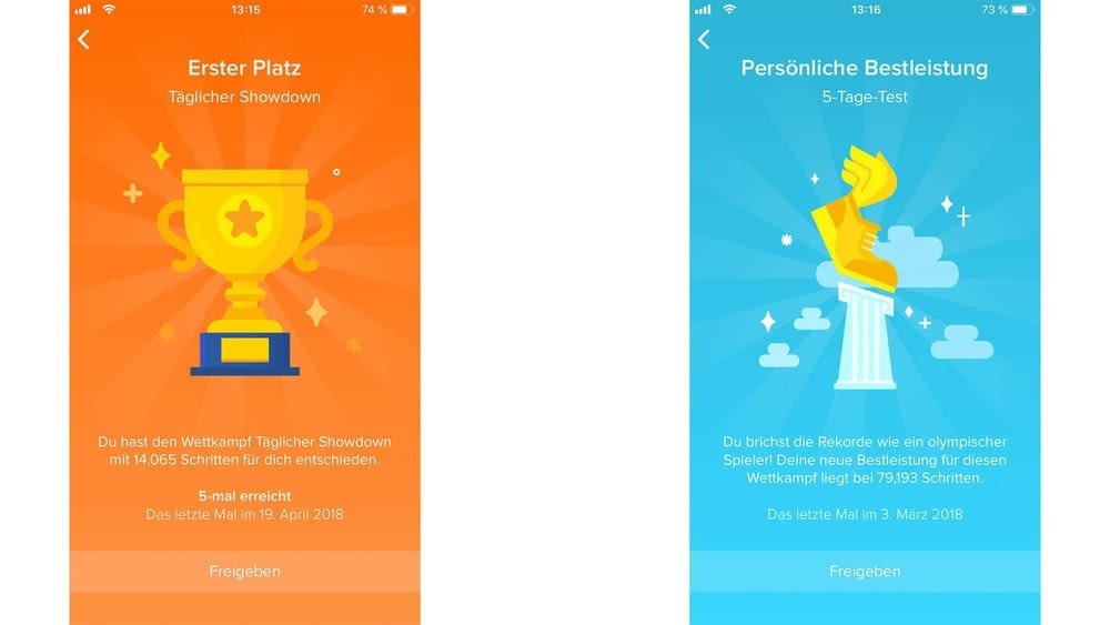 Orangefarbene und blaue Fitbit-Trophäen-Anzeige