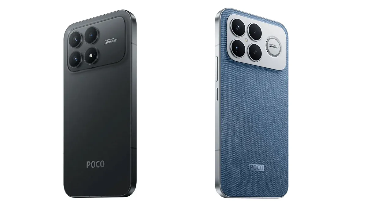 Produktfotos der Rückseiten der Poco F8 Pro (links) und Poco F8 Ultra (rechts).
