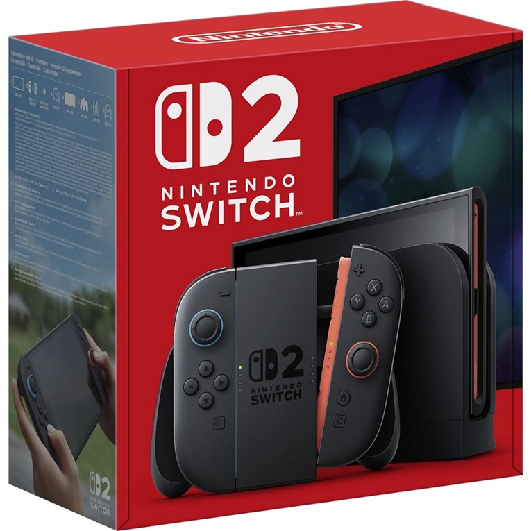 Verpackung der NINTENDO Switch 2 mit Konsole, Dockingstation und zwei Joy-Con-Controllern, Produktlogo deutlich auf rotem Karton sichtbar.
