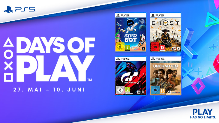 Vier Playstation-Spiele sind auf einem bunten Hintergrund abgebildet. Text: Days of Play, 27. Mai bis 10. Juni.
