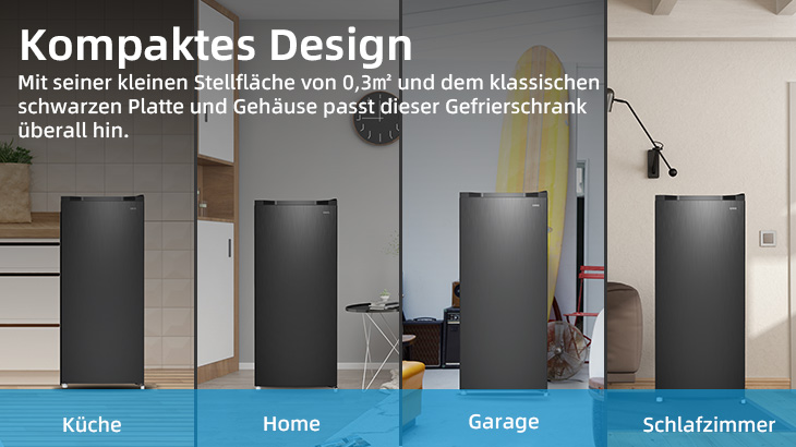 Ein schwarzer Gefrierschrank steht in Küche, Haus, Garage und Schlafzimmer vor verschiedenen Hintergründen.