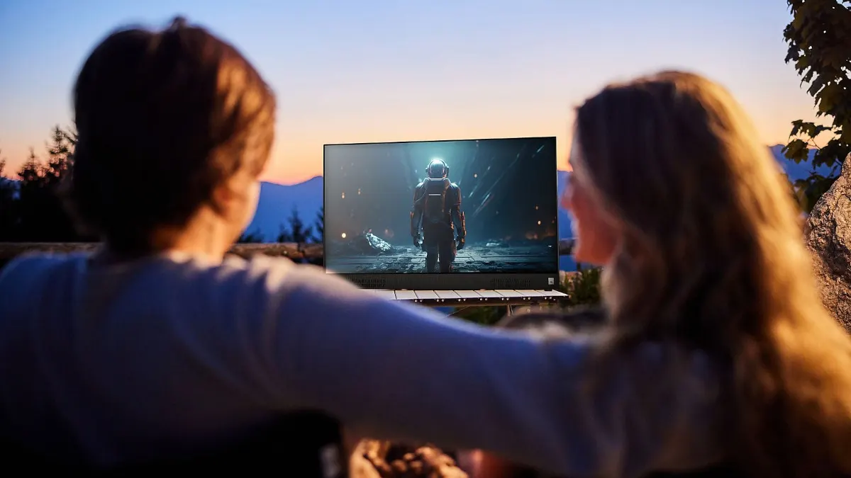 Ein Mann und eine Frau schauen auf dem PEAQ PTV 32GF-5025C-B unter freiem Himmel einen Film.