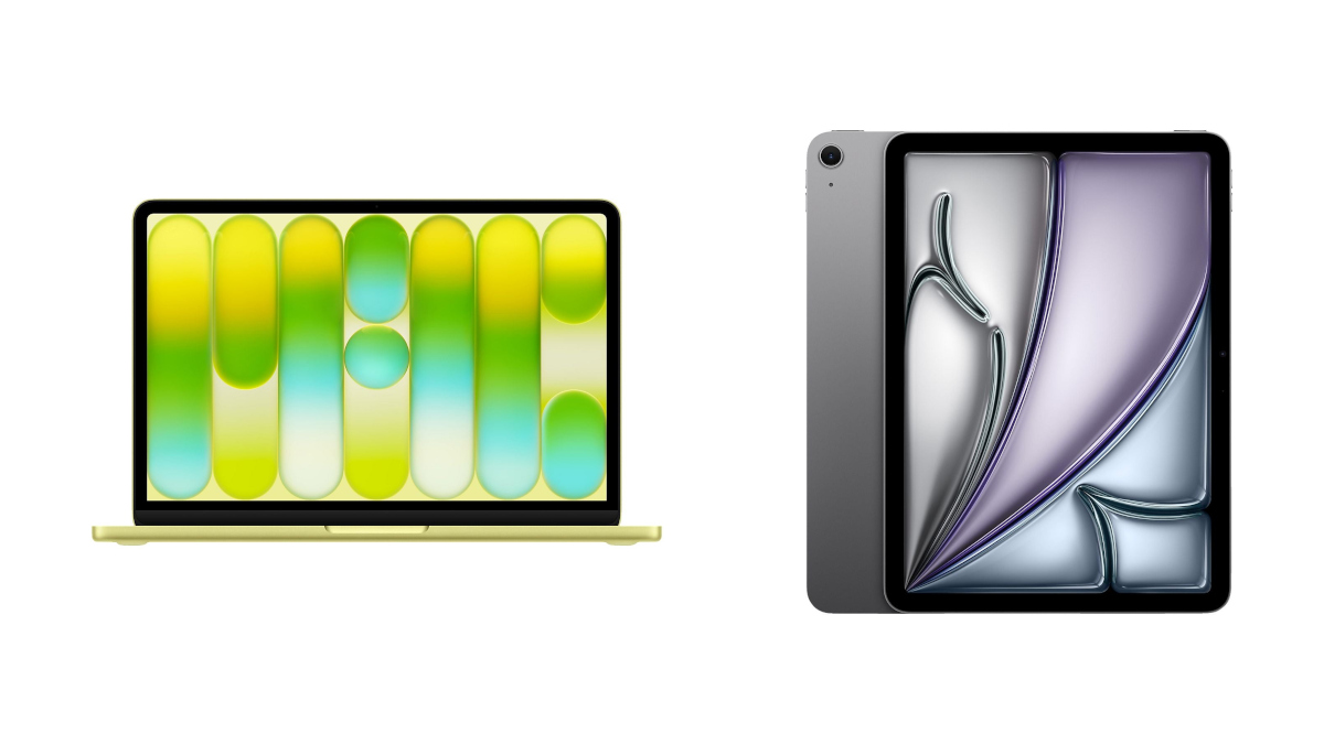 Das MacBook Neo in der Farbe Gelb neben dem iPad Air M4 in der Farbe Grau vor weißem Hintergrund.