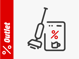 Kaffeemaschine mit Prozent-Icon, daneben ein Staubsauger. Links steht auf rotem Hintergrund „Outlet“ mit einem Prozentsymbol.