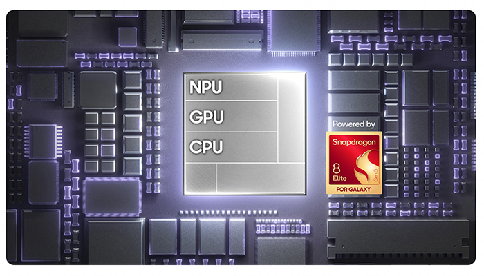 Grafische Darstellung des Snapdragon-Prozessors mit CPU, GPU und NPU für hohe Leistung. 