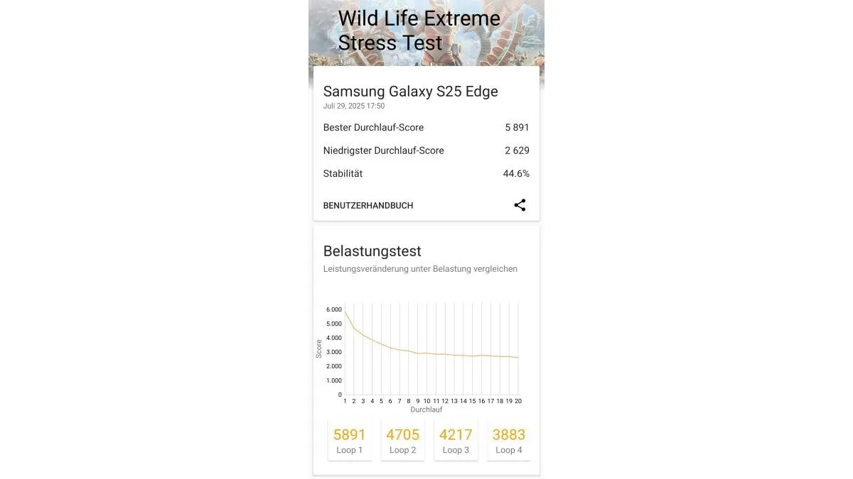 Im Grafik-Benchmark Wild Life Extreme Stress Test erreicht das Galaxy S25 Edge eine Stabilität von 44,6 Prozent.