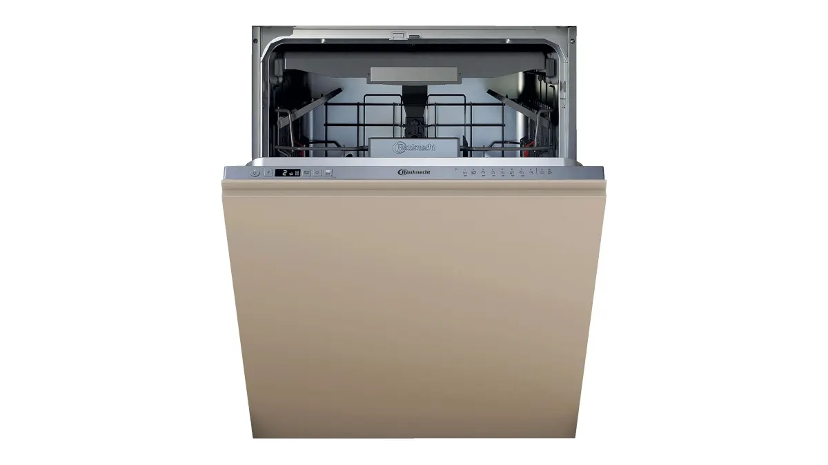 Der Geschirrspüler Bauknecht BKSV1 IAN mit halb geöffneter Tür vor weißem Hintergrund.