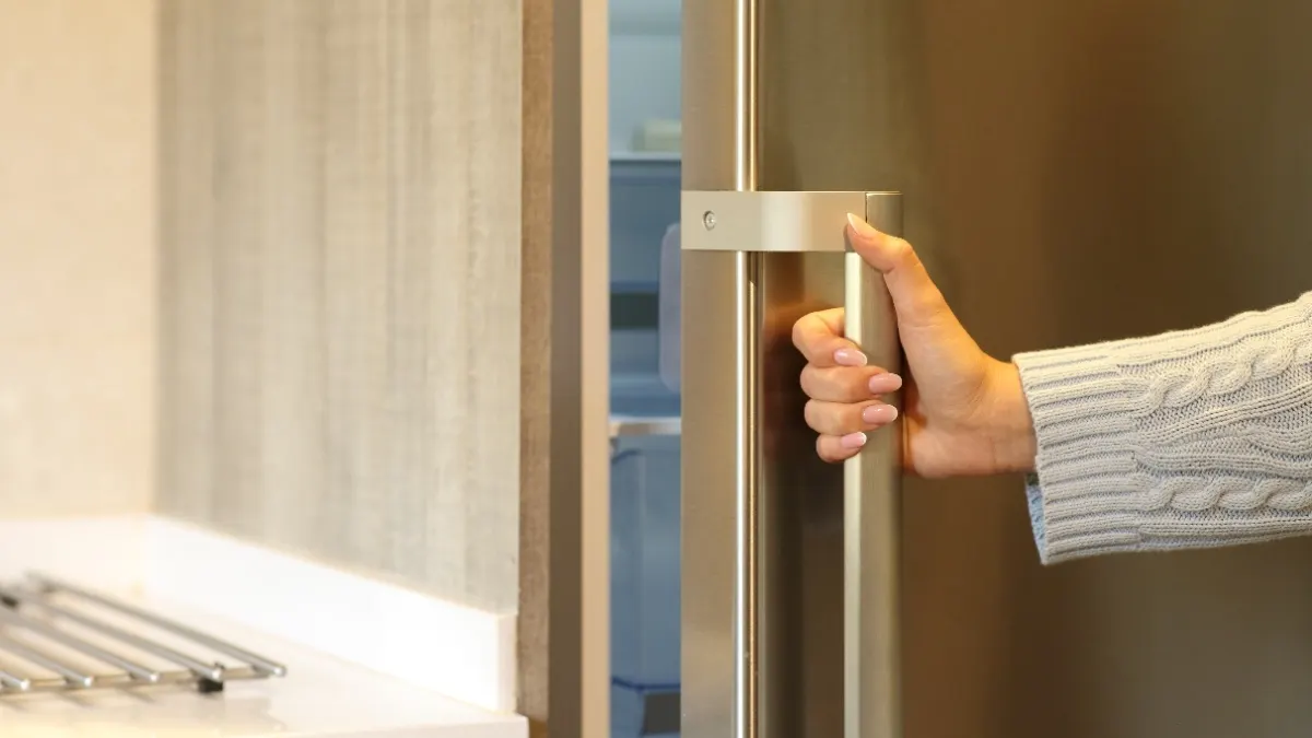 Eine Person öffnet einen Kühlschrank.