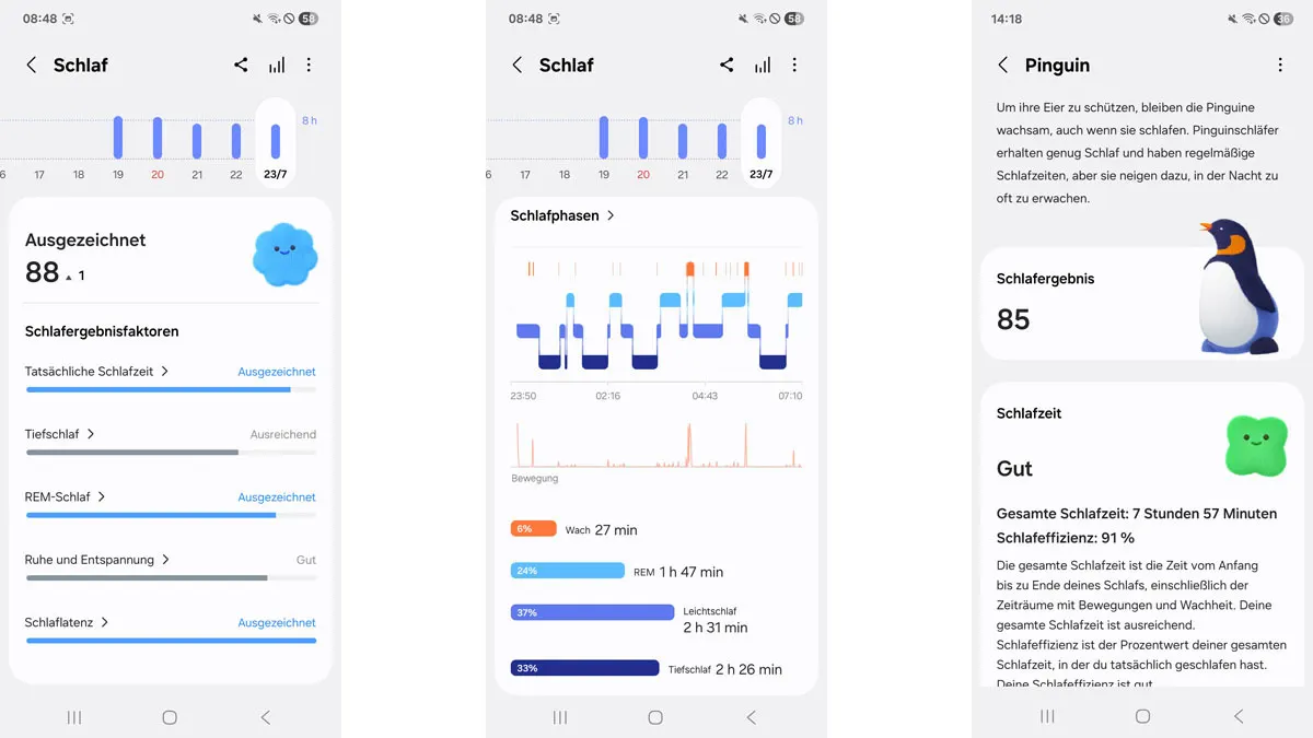Drei Screenshots zeigen Schlafanalysen der Galaxy Watch8.