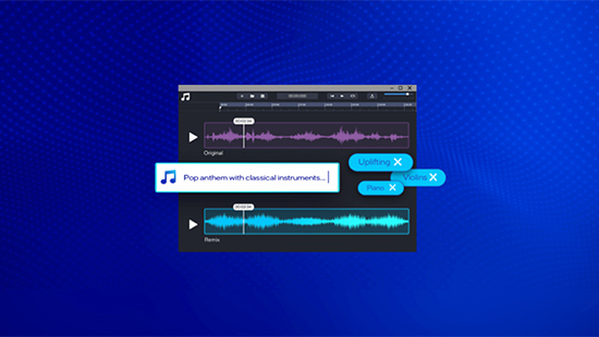 Ein Audio-Editor mit zwei Wellenformen, Beschriftungsfeld und blauen Schaltflächen vor blauem Hintergrund.