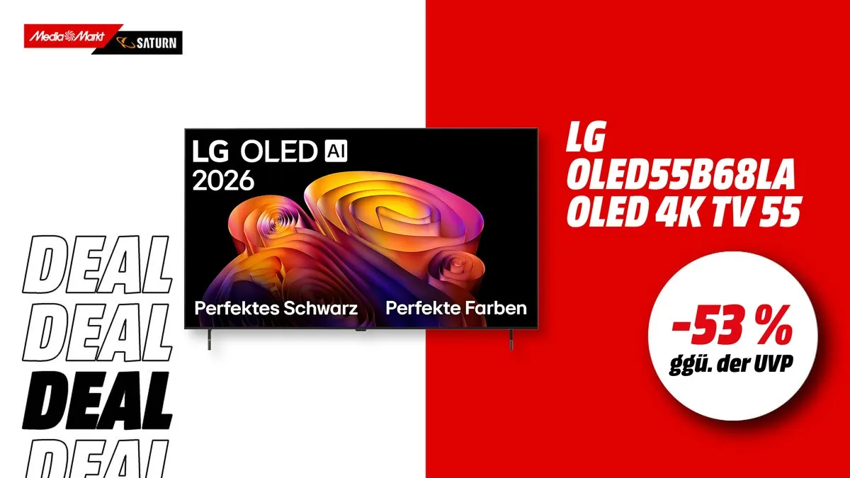 LG OLED55B68LA OLED TV, 55 Zoll, 4K, aktuell mit -53 % (ggü. der UVP) stark reduziert im Angebot