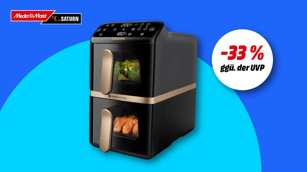 Philips Airfryer NA462/70 Dual Basket, Hinweis auf 33 Prozent Rabatt gegenüber UVP auf blauem Hintergrund. 