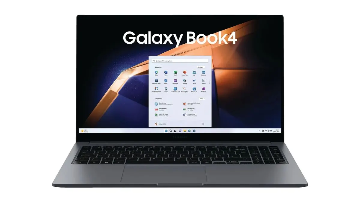 Das Notebook Samsung Galaxy Book4 vor weißem Hintergrund.