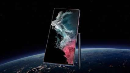 Ein Samsung Galaxy S22 Ultra schwebt im Weltall mit der Erde im Hintergrund.