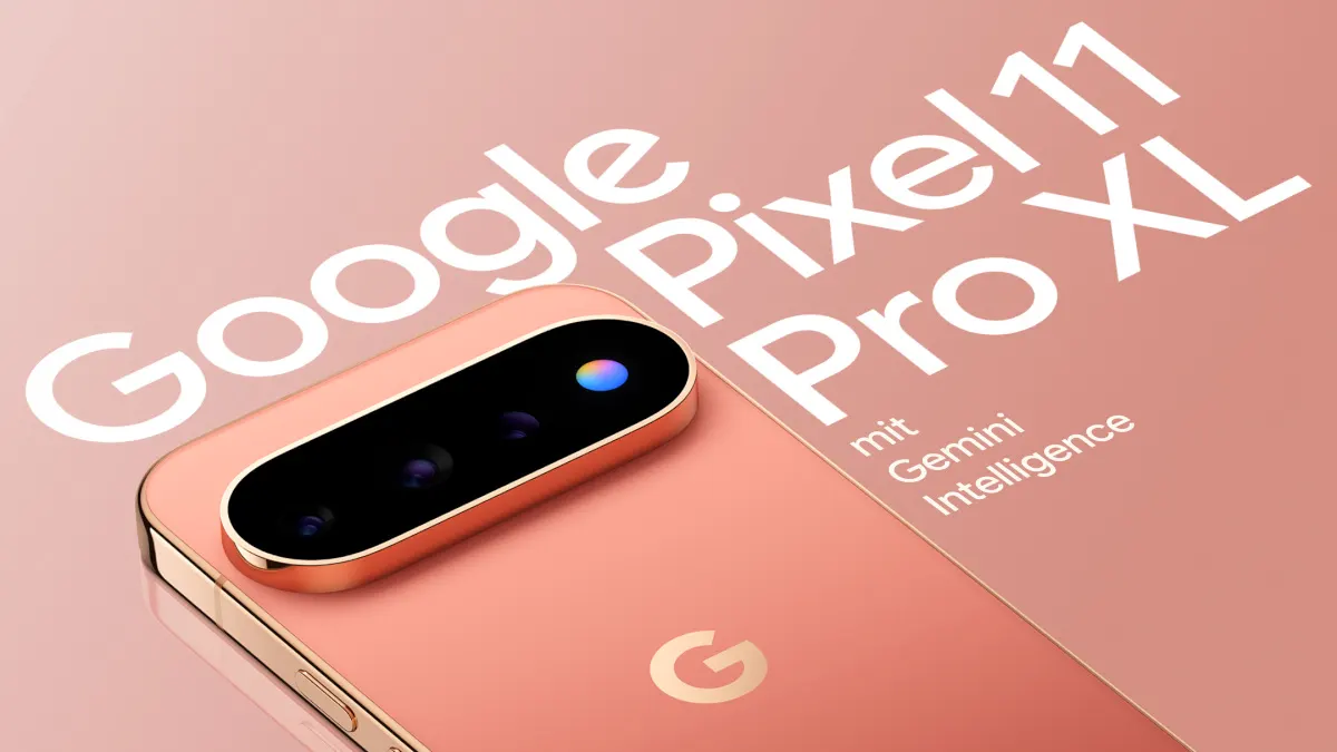 Die Rückseite des Google Pixel 11 Pro in der Farbvariante Canyon vor einem hellroten Hintergrund mit folgendem Schriftzug: Google Pixel 11 Pro mit Gemini Intelligence.