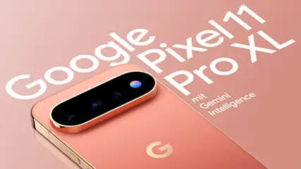 Die Rückseite des Google Pixel 11 Pro in der Farbvariante Canyon vor einem hellroten Hintergrund mit folgendem Schriftzug: Google Pixel 11 Pro mit Gemini Intelligence.