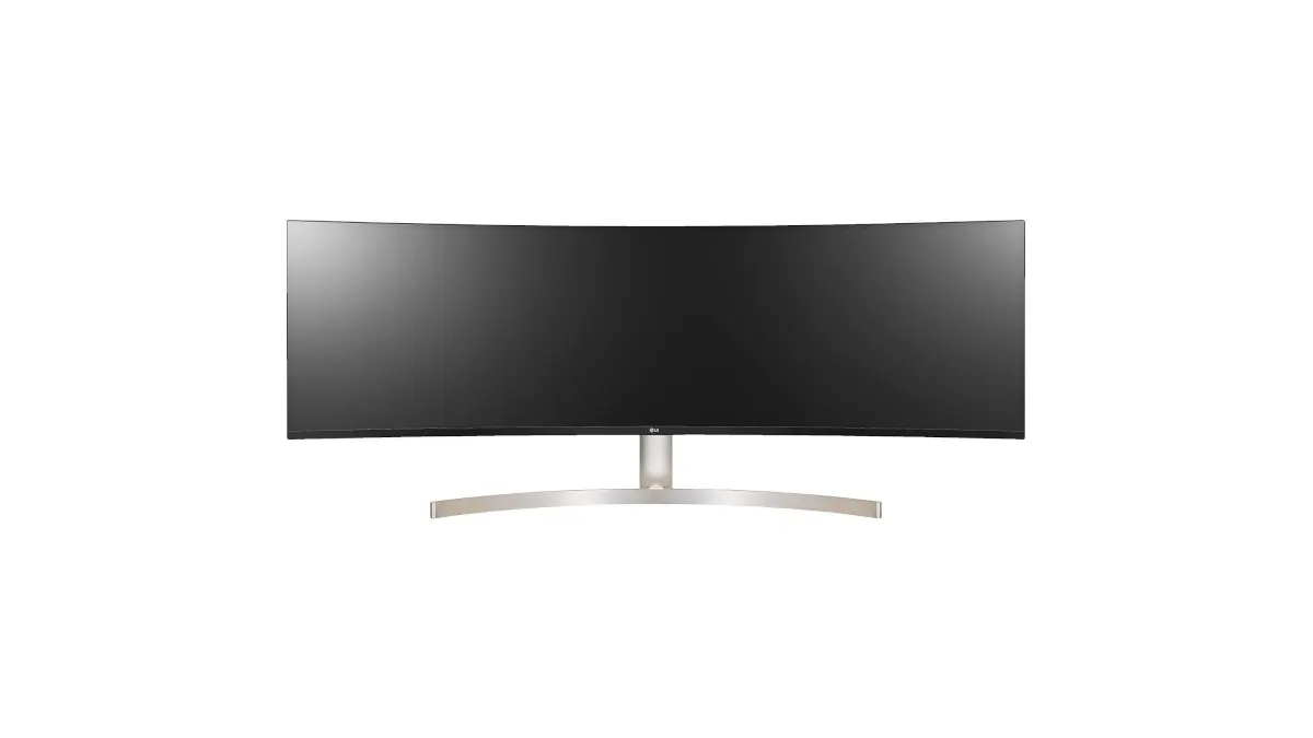 Der Ultrawide-Monitor LG 49WQ95X-W vor einem weißen Hintergrund.