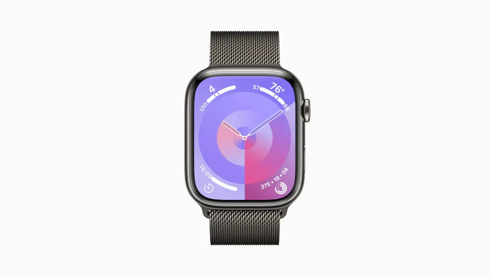Eine Smartwatch mit einem Metallarmband und einem rechteckigen Zifferblatt, das verschiedene Daten wie Temperatur und UV-Index anzeigt.