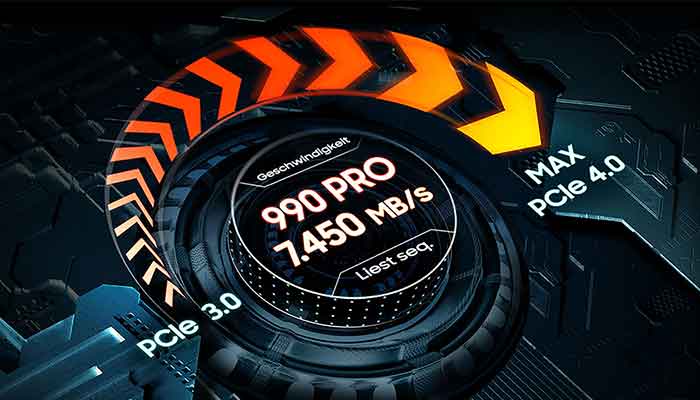 Stilisiertes Abbild der 990 PRO SSD von Samsung.