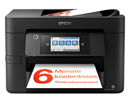 Schwarzer Epson Drucker mit Display und ausgedrucktem Blatt Papier.