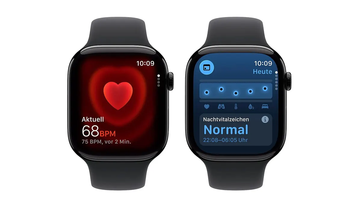 Zwei Produktfotos der Apple Watch Series 11, die Gesundheitsdaten auf ihren Displays anzeigen.