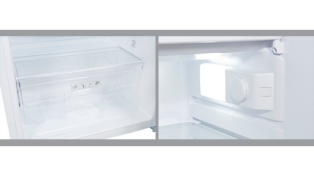 Der OFK 141 E ist im Kühlbereich mit zwei Fachböden und einer Schublade ausgestattet. Zusätzlich sind in die Gerätetür zwei Türfächer und ein Flaschenregal integriert.
