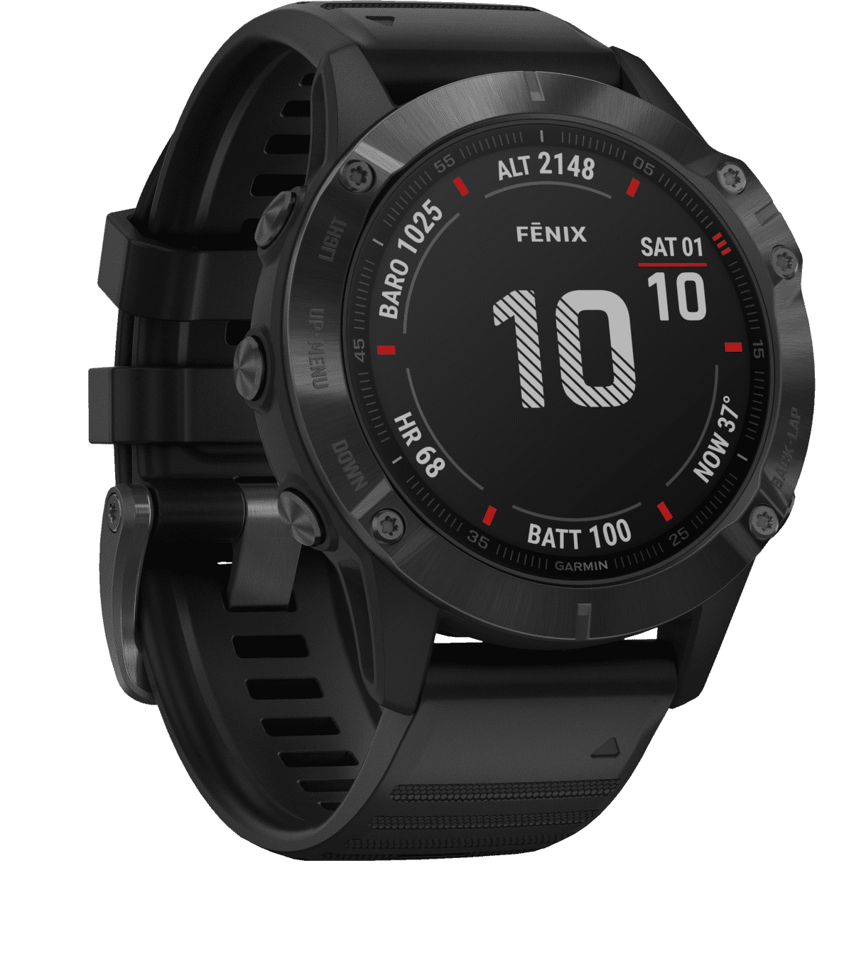 GARMIN Fenix 6 Pro schwarz von link Zifferblatt mit Uhrzeit und Datum