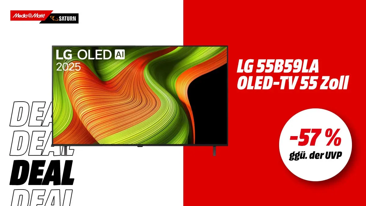 Der LG OLED-Fernseher und Hinweis auf 57 Prozent Rabatt gegenüber der UVP.