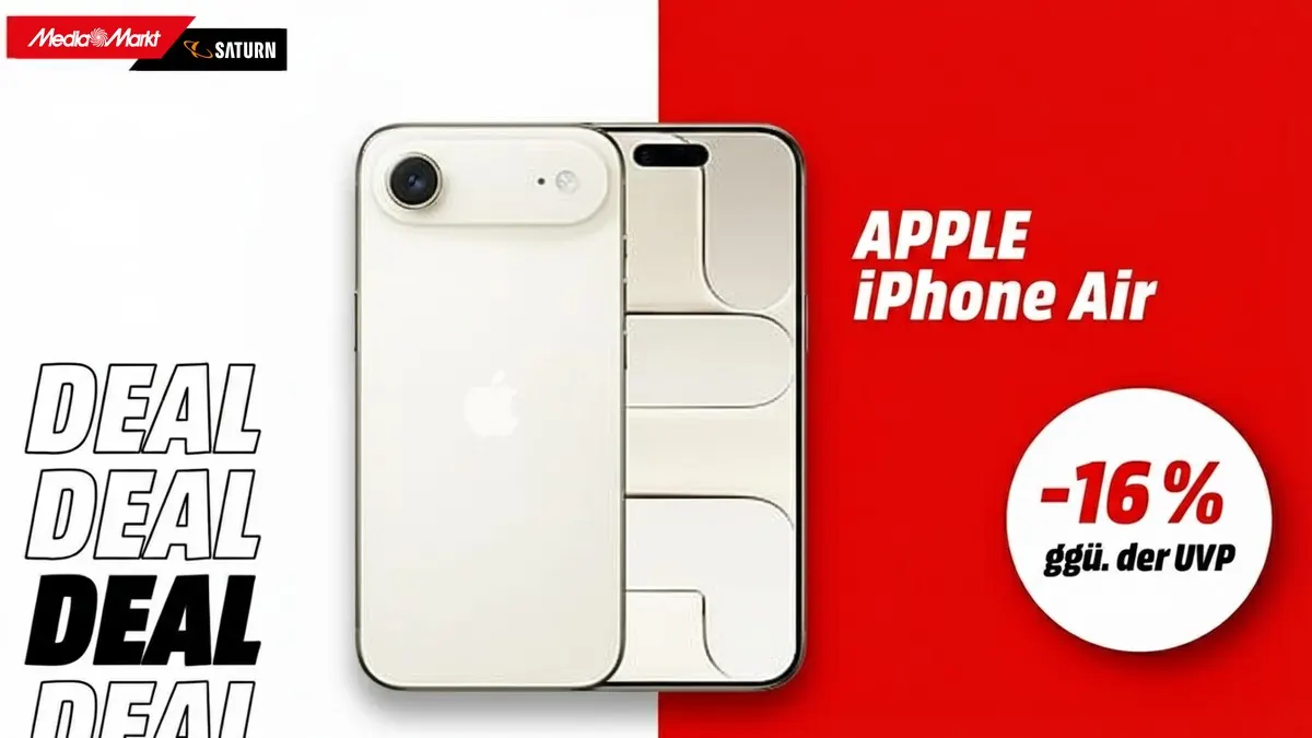 Das Apple iPhone Air in der Farbe Lichtgold und Hinweis auf 16 Prozent Rabatt gegenüber der UVP.