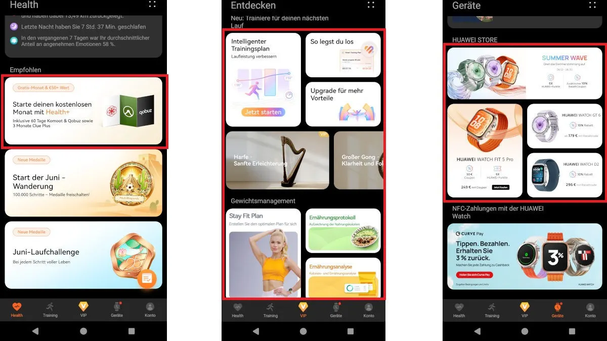 Drei Screenshots aus der Huawei-Health-App, in denen verschiedene Werbebanner rot markiert sind.