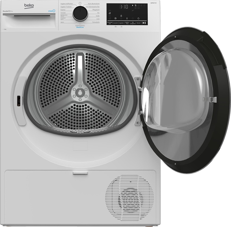BEKO B5T68219 hőszivattyús szárítógép nyitott ajtóval, kilátással a dobba és nagy töltőnyílással.