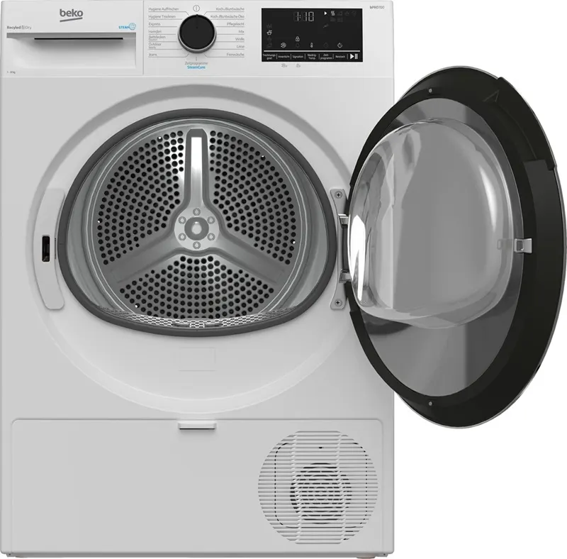 BEKO B5T68219 hőszivattyús szárítógép nyitott ajtóval, kilátással a dobba és nagy töltőnyílással.