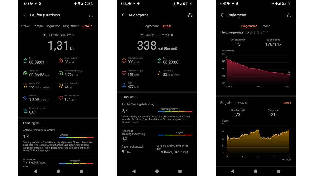 Screenshots von Lauf- und Rudertrainings in der Huawei-Health-App.