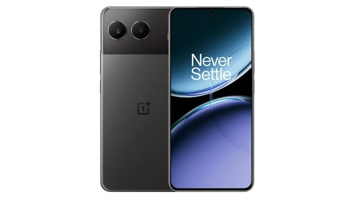 Zwei Smartphones: Eines mit zwei Kameras und Logo auf der Rückseite, das andere mit blauem Bildschirm und dem Schriftzug "Never Settle".