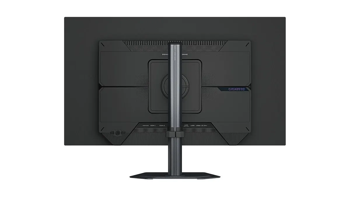 Der Gigabyte MO27Q28GR von hinten vor weißem Hintergrund.