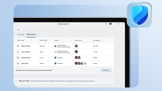 Ein Bildschirm zeigt eine Übersicht über verschiedene Geräte und deren Sicherheitsstatus in einer Microsoft Defender-Oberfläche. Zu sehen sind mehrere Geräte mit unterschiedlichen Statusmeldungen wie „Needs attention“ oder „Protected“. Oben rechts befindet sich das Microsoft Defender-Logo.