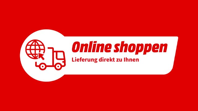 Roter Hintergrund mit einem weißen Banner. Das Banner zeigt einen Globus, einen LKW und den Text "Online shoppen Lieferung direkt zu Ihnen".