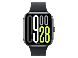 Moderne Smartwatch mit großem, rechteckigem Display und schwarzem Armband.