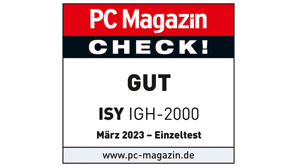 PC Magazin Check! "Gut" Bewertung für ISY IGH-2000, getestet im März 2023. Webseite: www.pc-magazin.de. Rot, Schwarz und Weiß.
