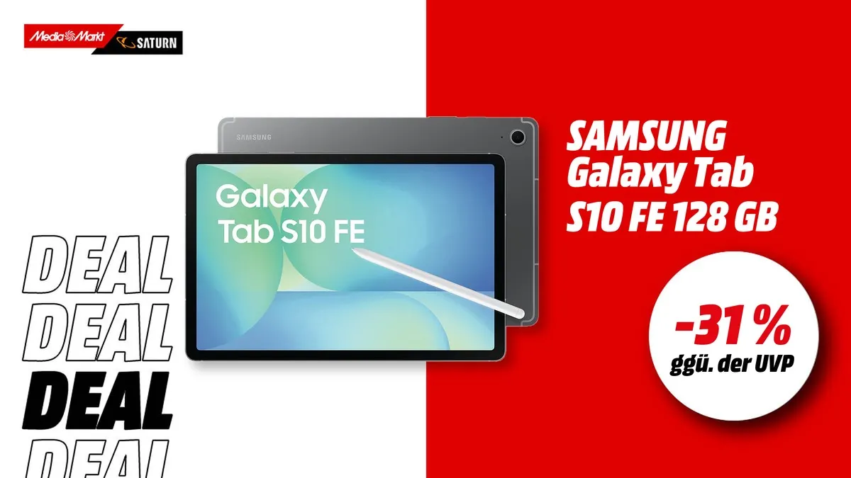 Samsung Galaxy Tab S10 FE Tablet in Gray – 10,9-Zoll-Display, mit Stift, aktuell mit -31 % (ggü. der UVP) reduziert.