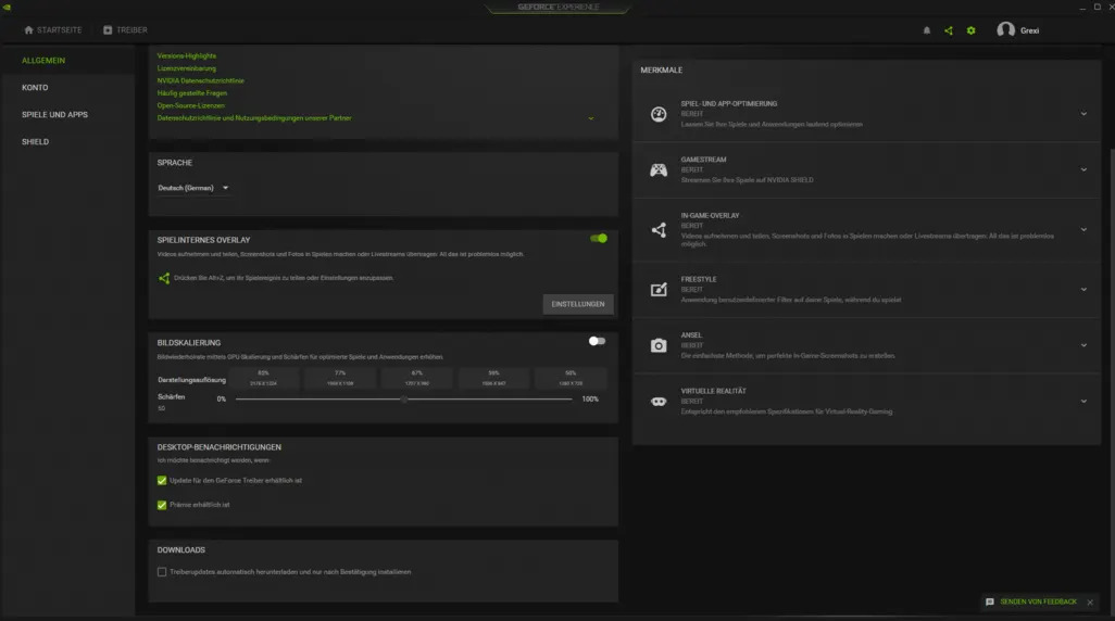 Dunkle Software-Oberfläche mit Menüpunkten wie Sprache, Spiel-Overlay und Bildskalierung links. Rechts sind Spiel- und App-Optimierung aufgelistet.