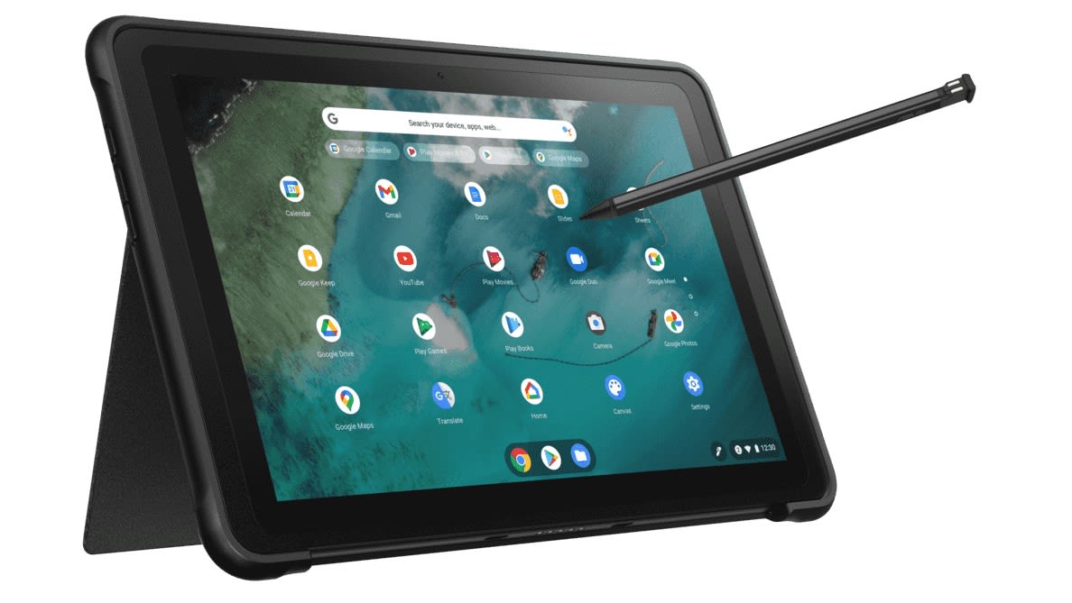 ASUS Chromebook Detachable CZ1 im Tablet Modus mit Stylus am Bildschirm 