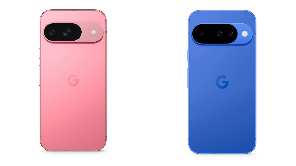 Die Rückseiten des Pixel 9 (pink) und des Pixel 10 (blau) nebeneinander.