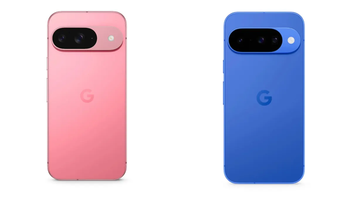 Die Rückseiten des Pixel 9 (pink) und des Pixel 10 (blau) nebeneinander.