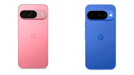 Die Rückseiten des Pixel 9 (pink) und des Pixel 10 (blau) nebeneinander.