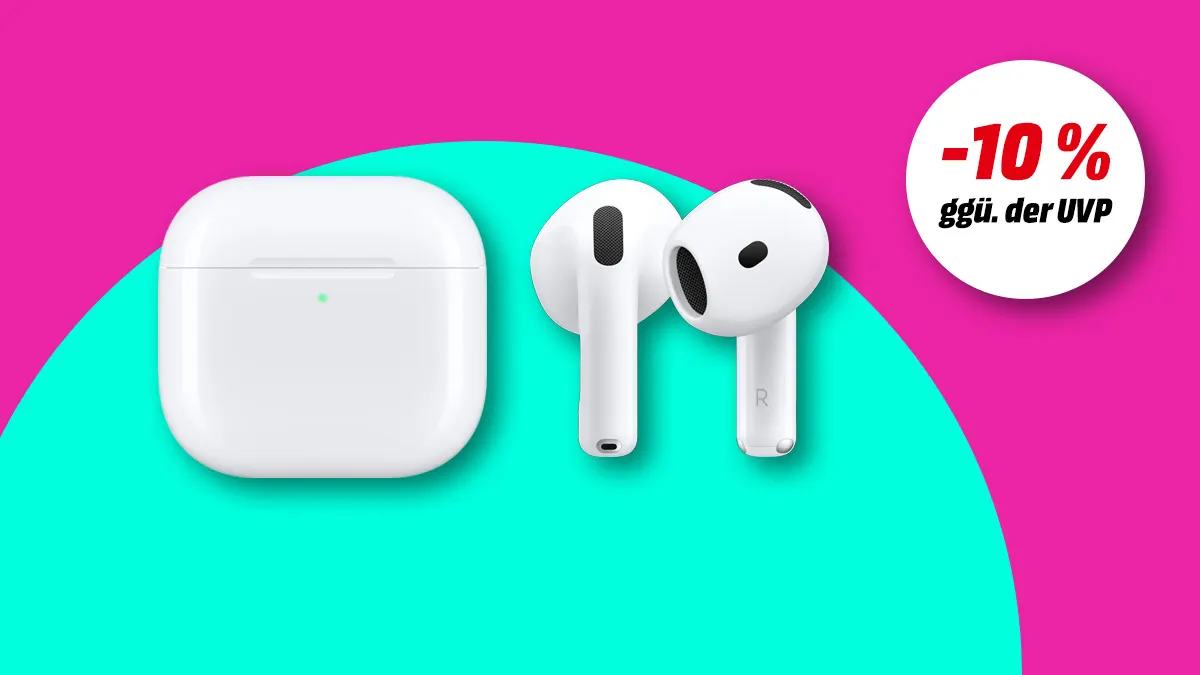 Apple AirPods 4, Hinweis auf 10 Prozent Rabatt gegenüber UVP auf buntem Hintergrund. 