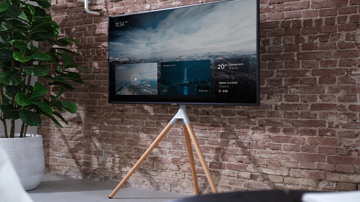 Ein Fernseher steht auf einem Dreibeinstativ vor einer roten Backsteinmauer. Eine Pflanze befindet sich links in einem weißen Topf.