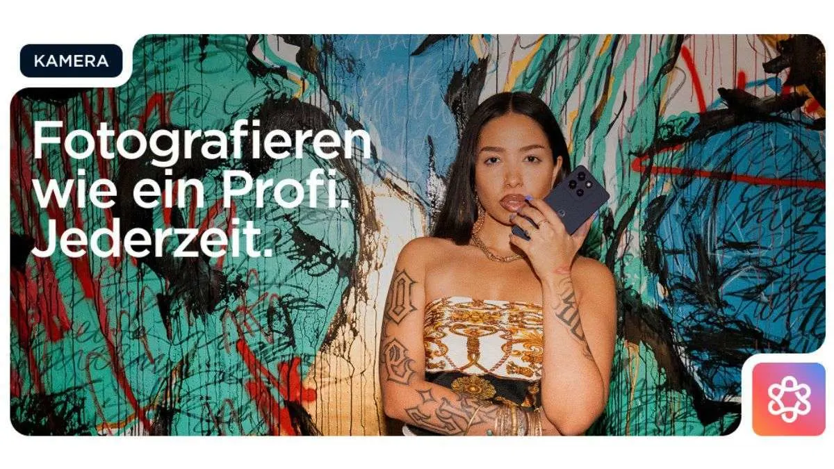 Die Grafik zeigt eine Frau vor einer Graffitiwand. Sie hält ein Motorola moto g86 in der Hand.